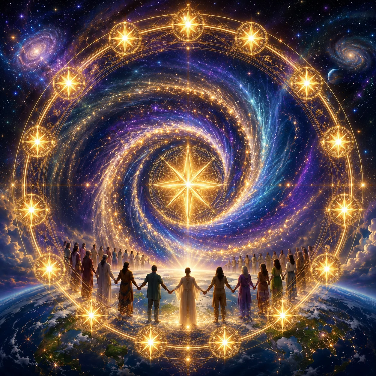 Humanity joined hands beneath the twelve sacred stars and the cosmic spiral